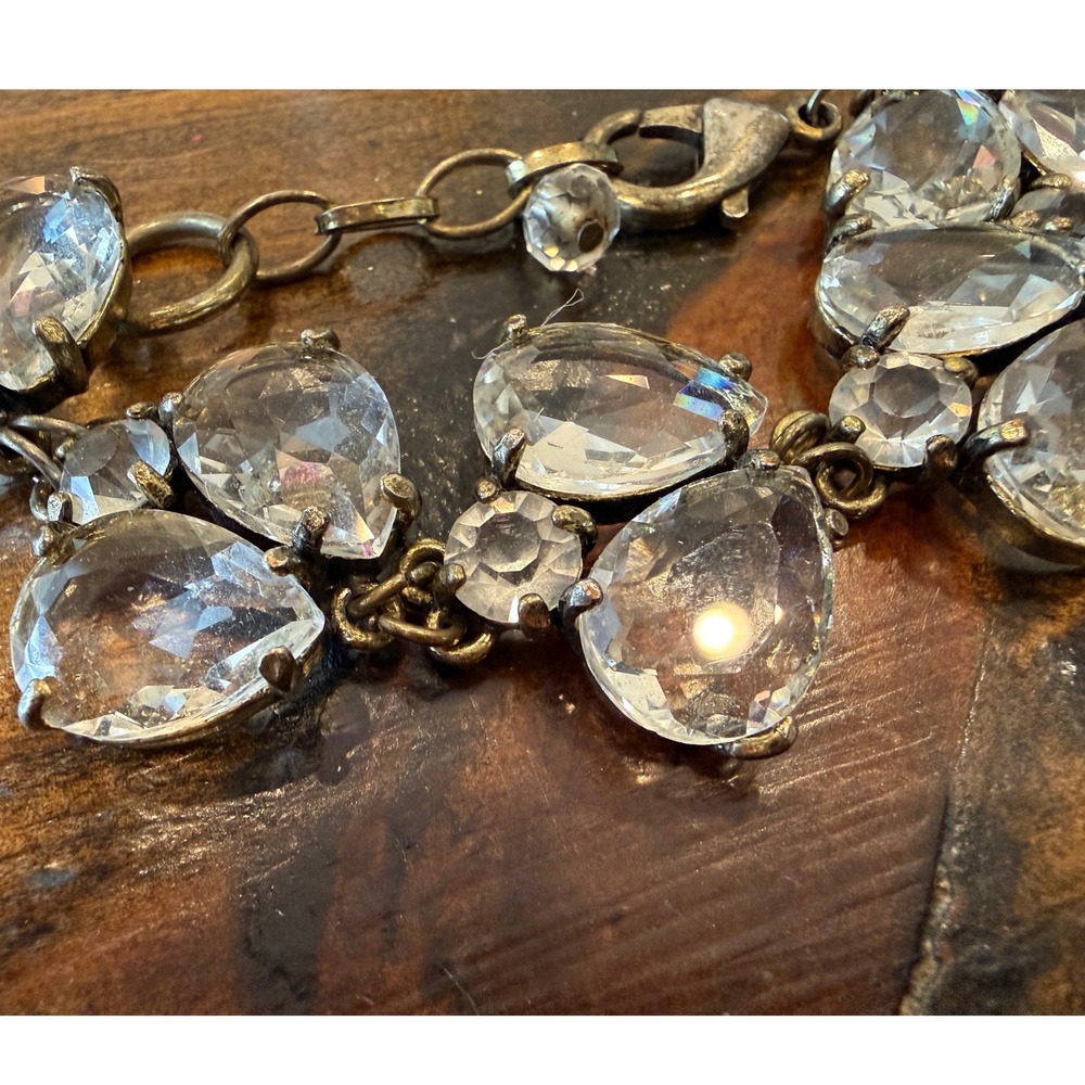 Clear Rhinestone Statement Bracelet Pear‎ Cut Bridal Adjustable Bronze Tone - Picture 2 of 4